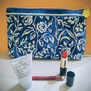 Estee Lauder 4 Pc Floral Blue Cosmetic Makeup Bundle Bag/clutch